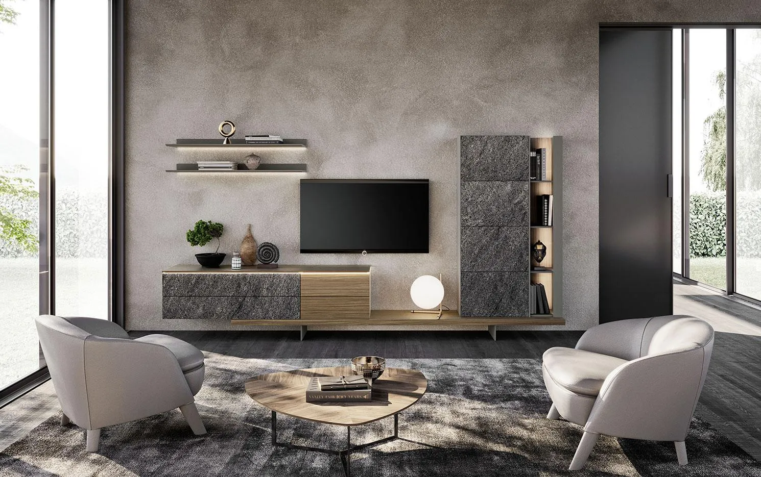 Soggiorno Horizon 1010 MobilGam con basi sospese e colonna effetto pietra