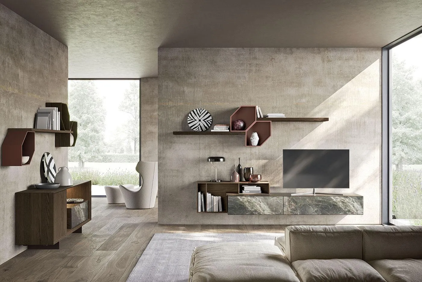 Soggiorno Horizon 1013 MobilGam con mensole esagonali bordeaux