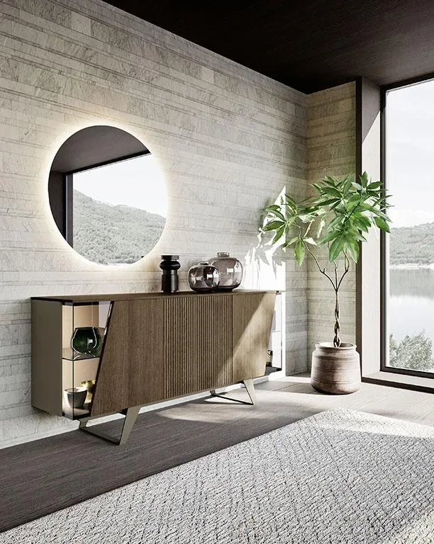Consolle in legno con specchio tondo della composizione Horizon 1014 MobilGam
