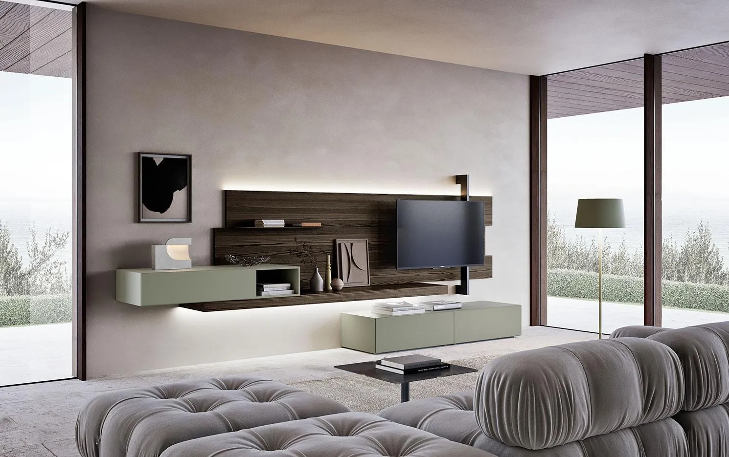 Soggiorno Horizon 1016 MobilGam con basi verde salvia e boiserie scura