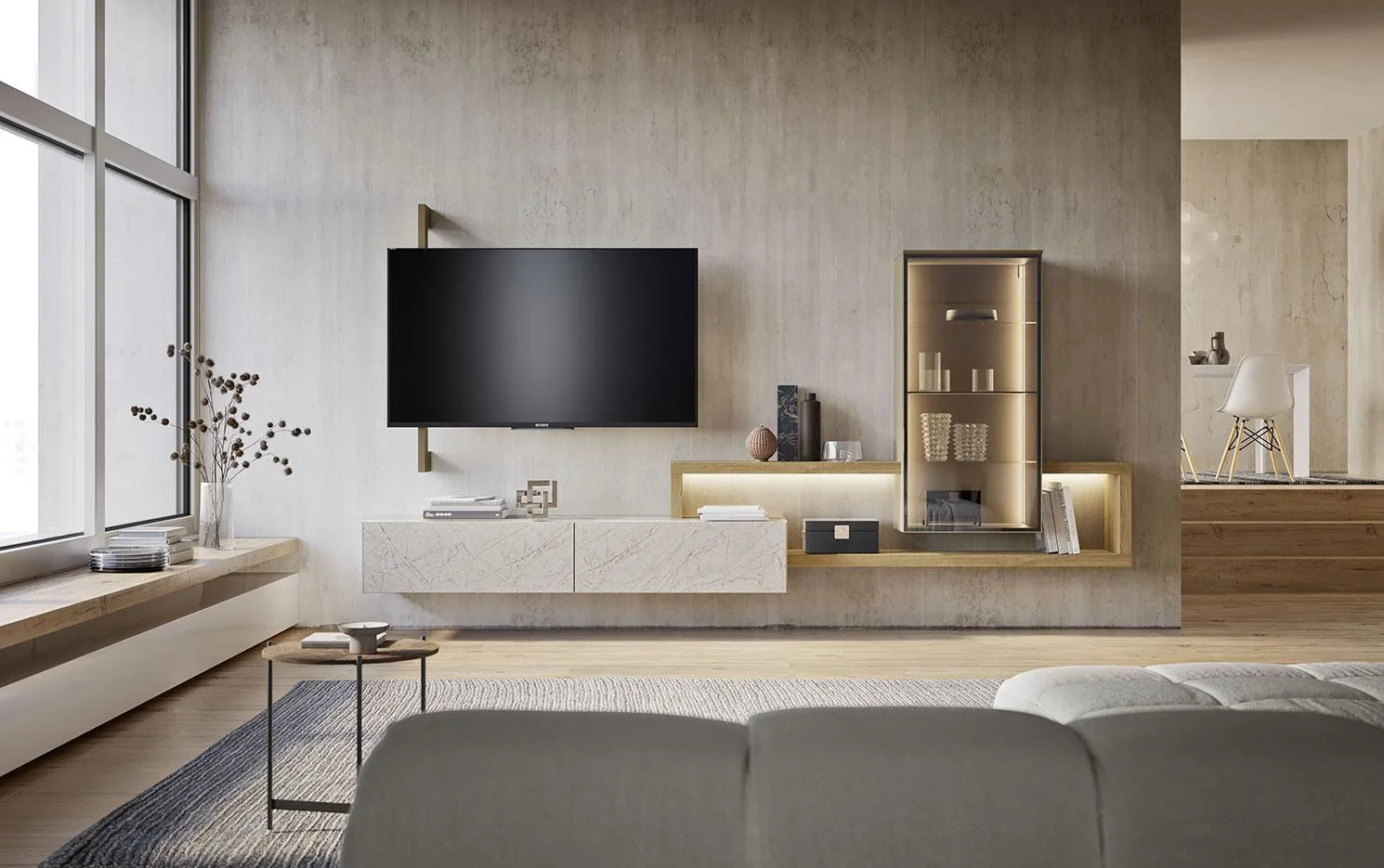 Soggiorno Horizon 1017 MobilGam con vetrina in legno e basi sospese