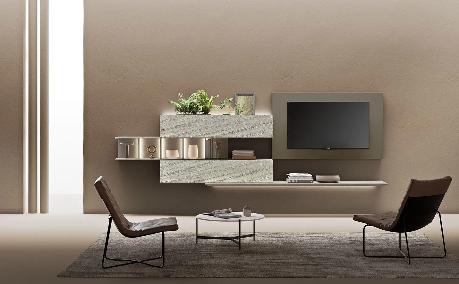 Soggiorno Horizon 1018 MobilGam con pannello TV verde e mensole bianche