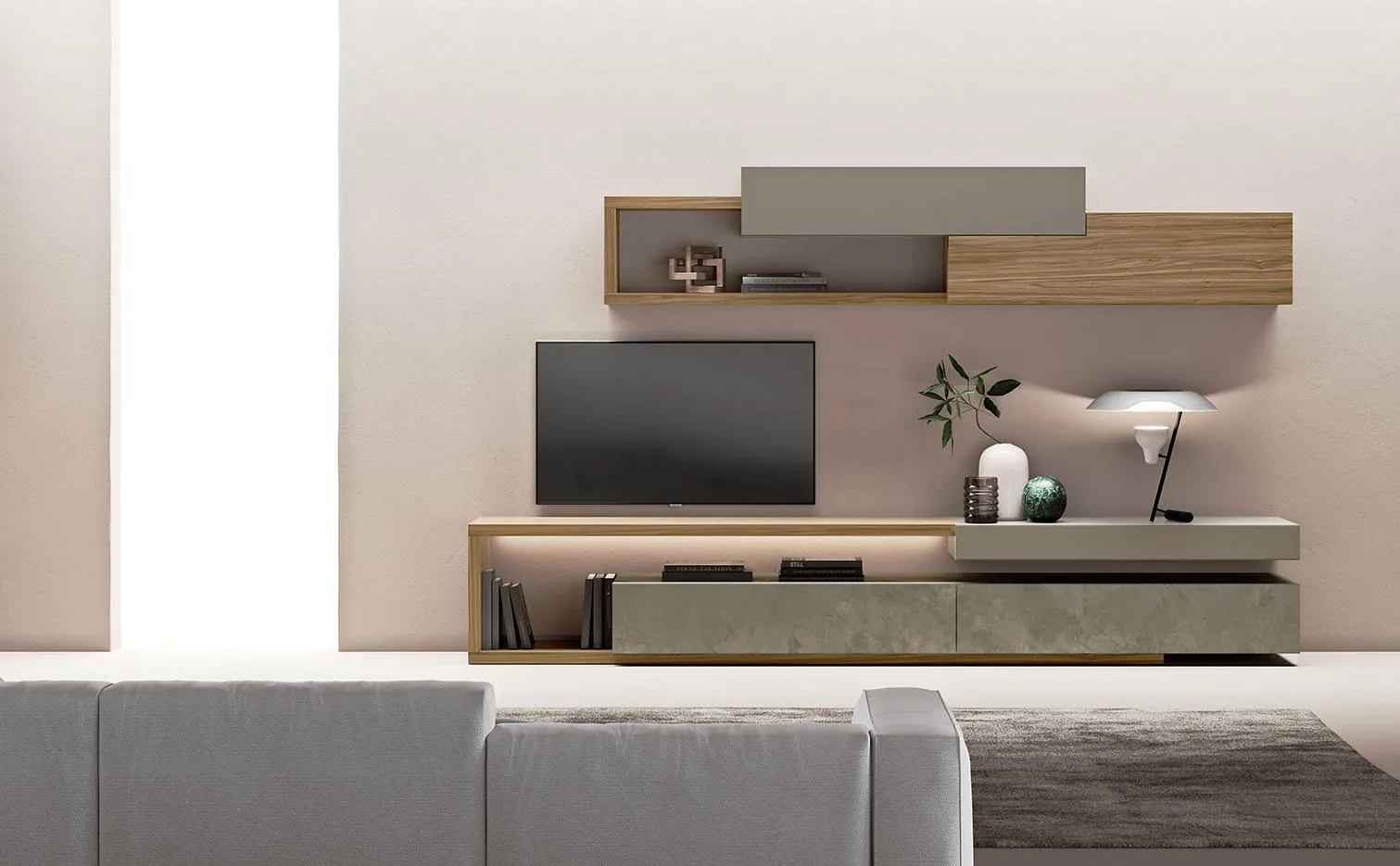 Parete Horizon 1020 MobilGam con pannelli in legno sfalsati