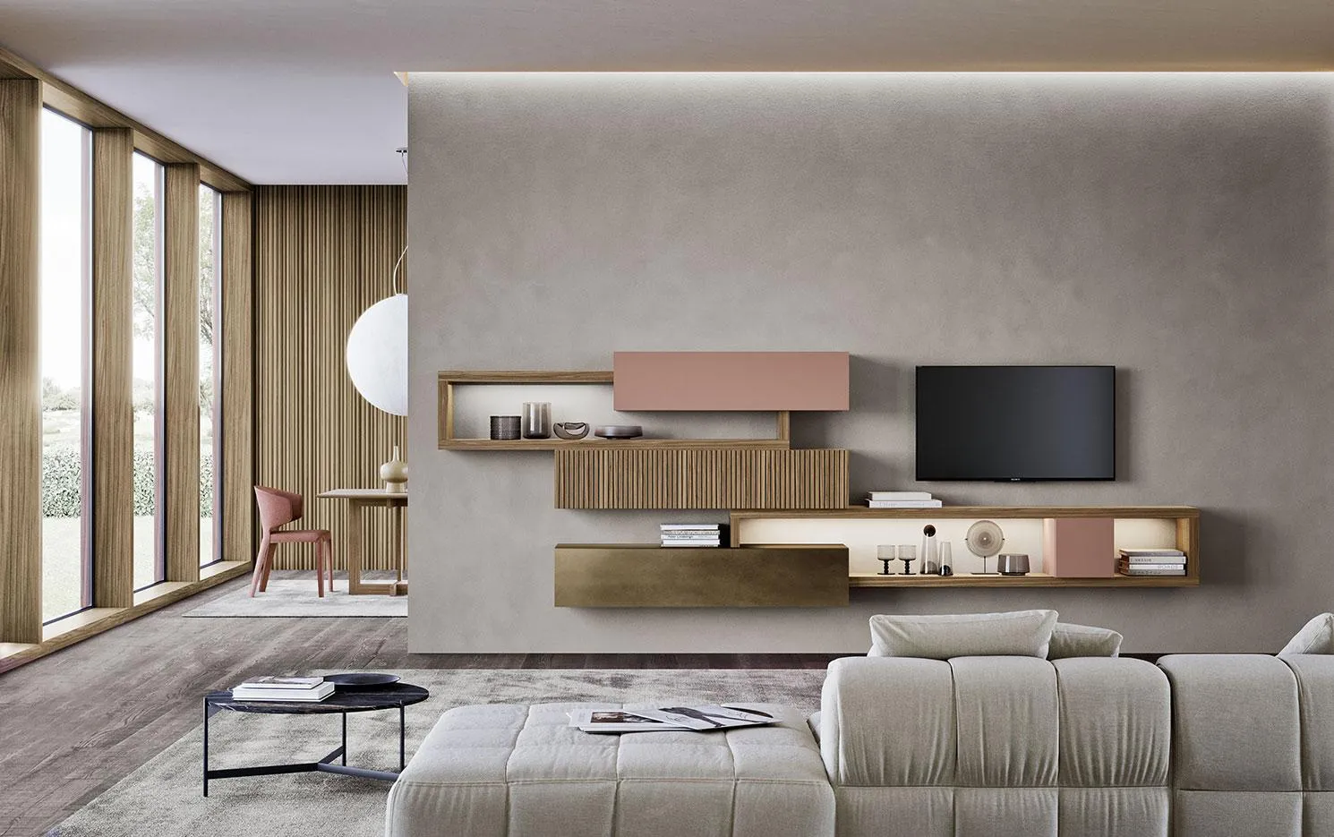 Soggiorno Horizon 1021 MobilGam con pensili rosa e legno