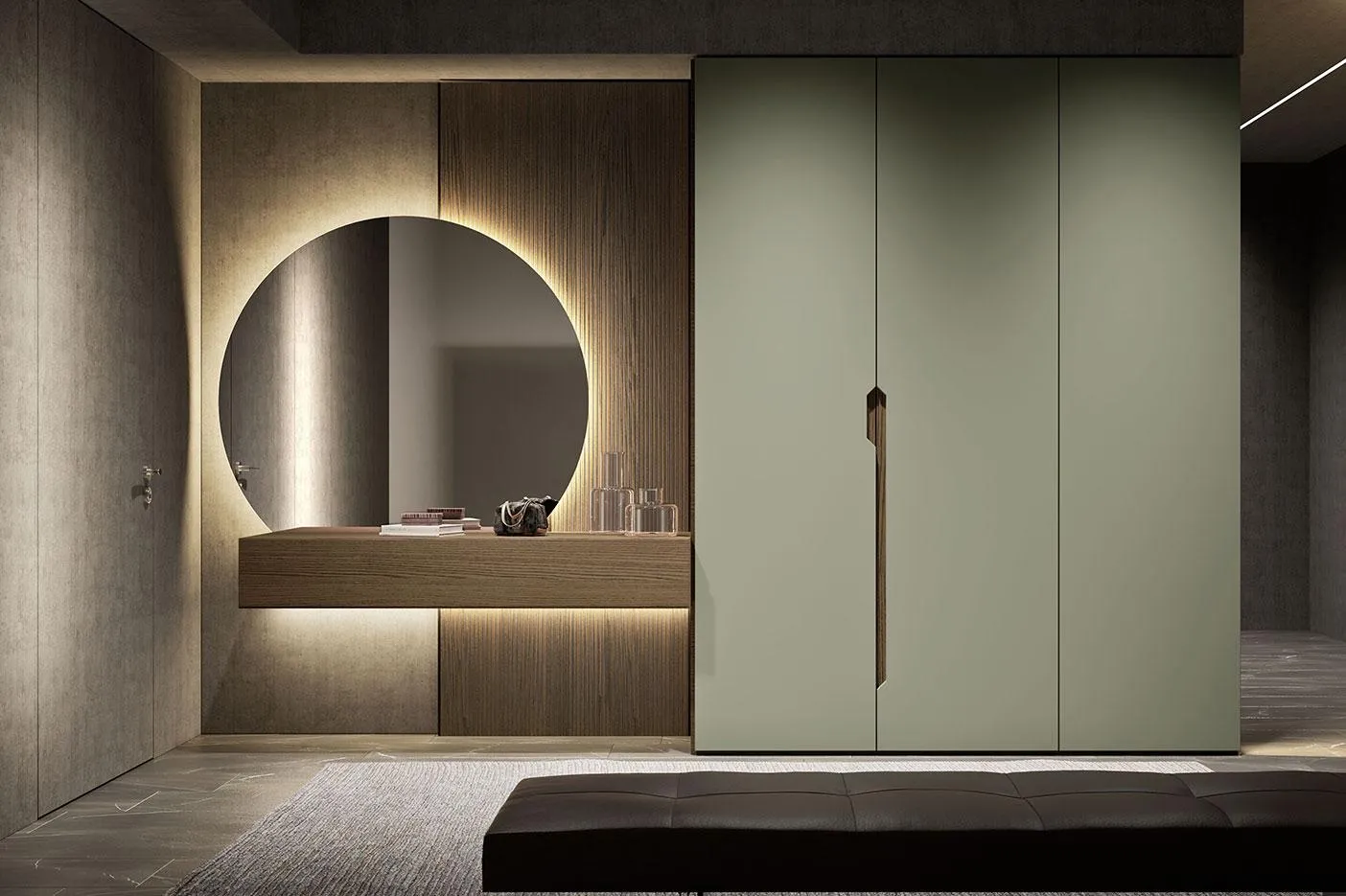 Composizione Horizon 1025 MobilGam con armadio verde e boiserie effetto pietra
