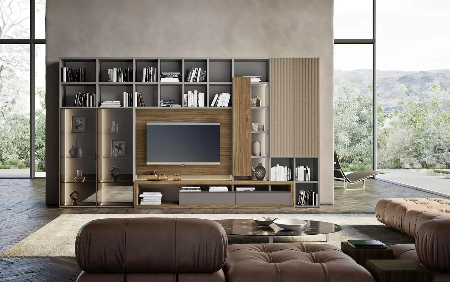 Libreria a parete Horizon 1022 MobilGam con porta TV in legno e vani a giorno