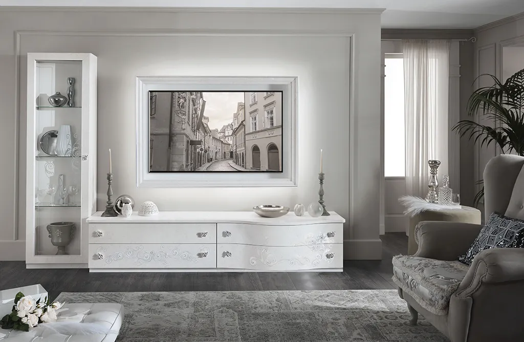 Parete soggiorno Notredame Day D14 Mobilificio AG madreperla bianco con base TV e vetrina alta