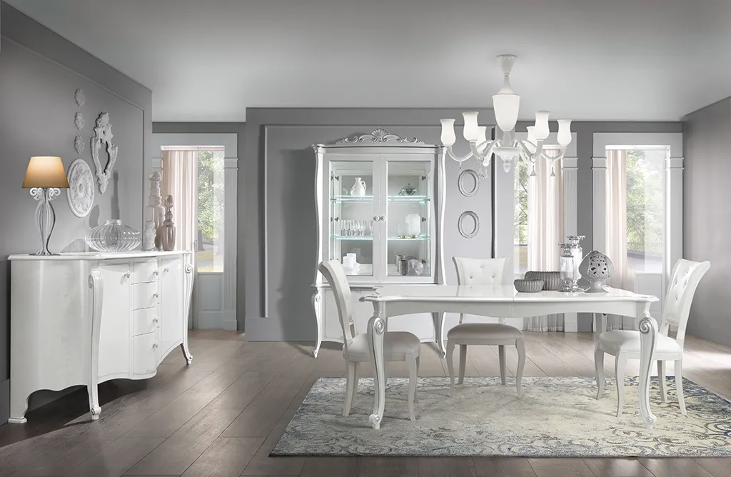 Sala da pranzo Chanel Day C01 Mobilificio AG madreperla bianco con credenza, vetrina e tavolo