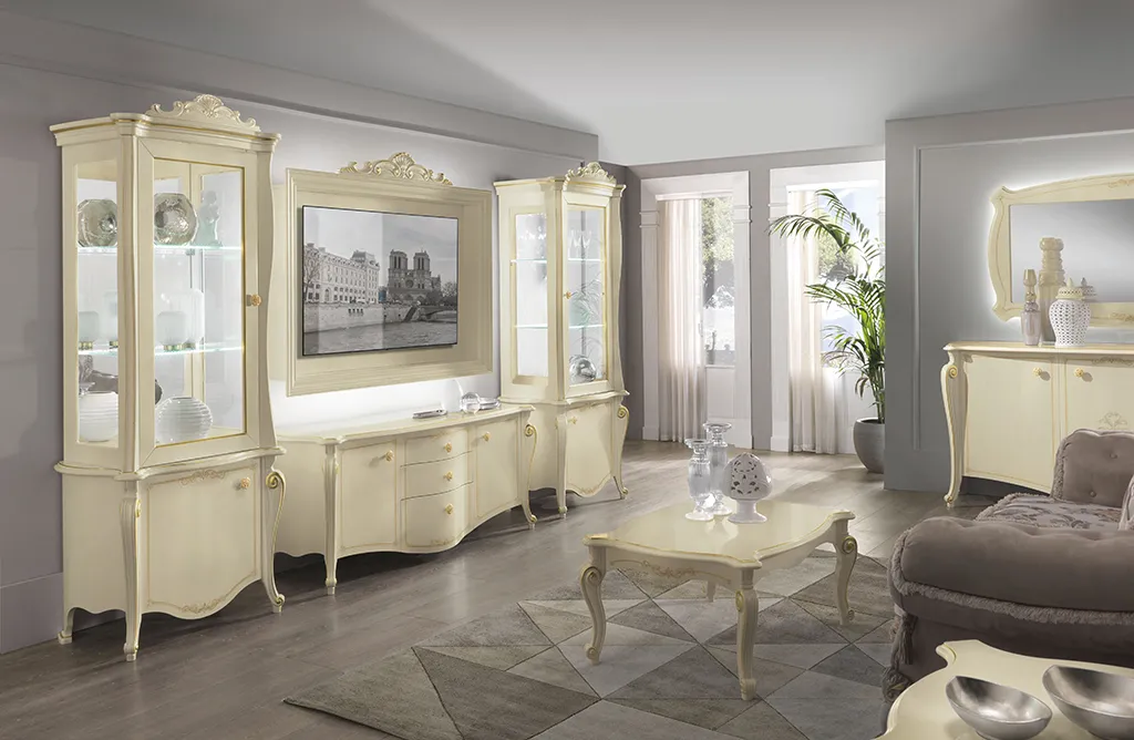 Soggiorno Chanel Day C04 Mobilificio AG avorio con parete TV, vetrine e credenza