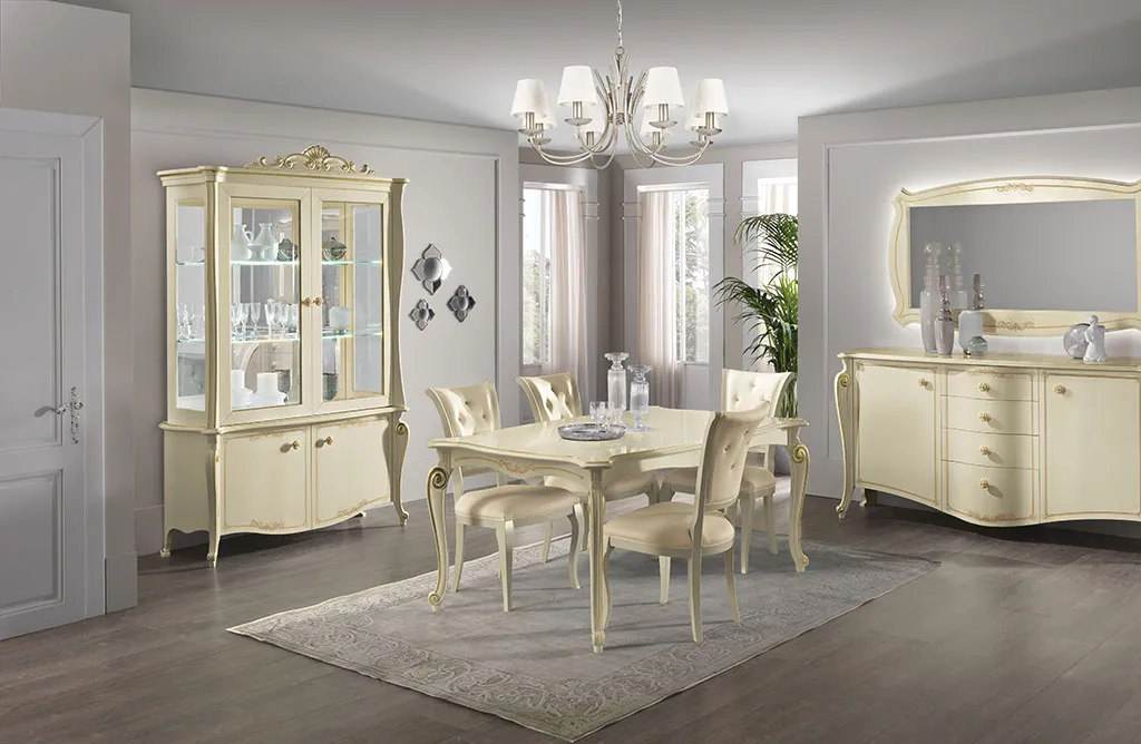 Sala da pranzo Chanel Day C05 Mobilificio AG avorio con vetrina, tavolo e credenza
