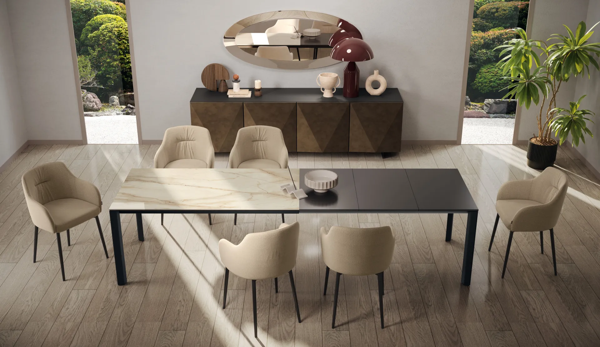 Tavolo Cosmic Scavolini allungato con piano grigio scuro e poltroncine beige