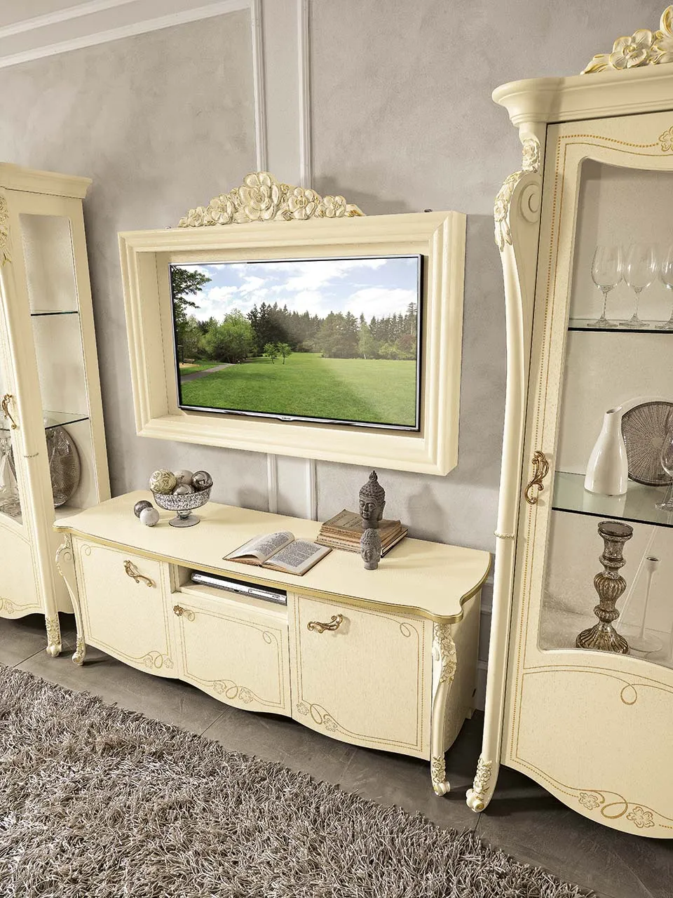 Porta TV Viola Luxor Mobilpiù beige con cornice intagliata in oro