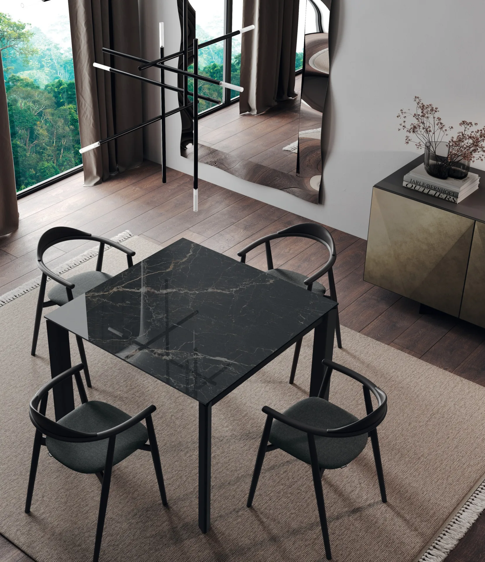 Tavolo Cosmic Scavolini quadrato con piano nero effetto marmo e quattro sedie scure