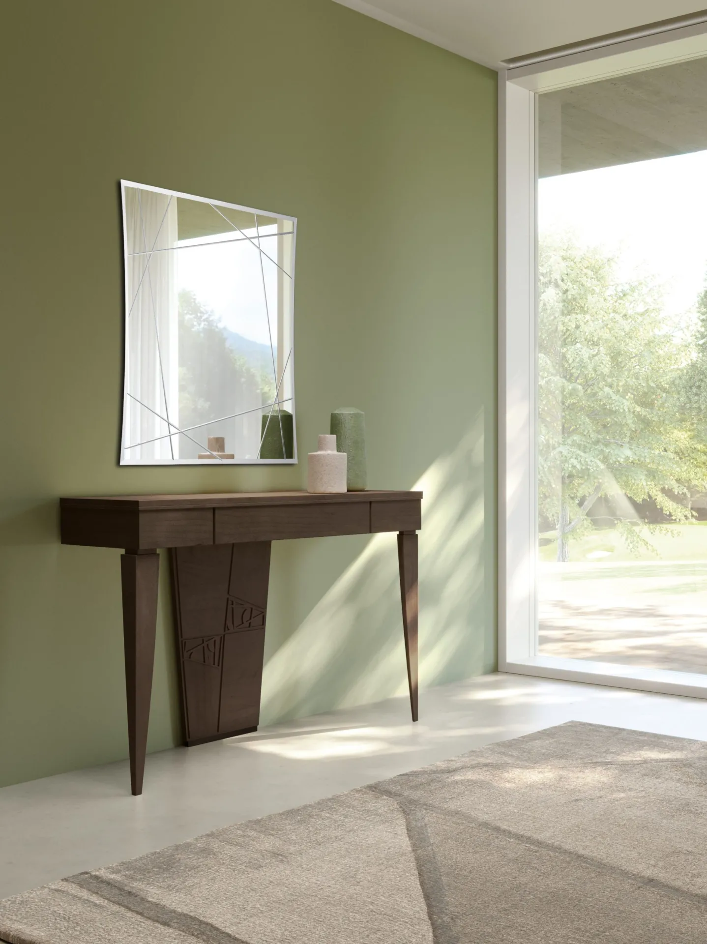 Consolle Decor Modo 10 in noce scuro con specchio in un ingresso luminoso