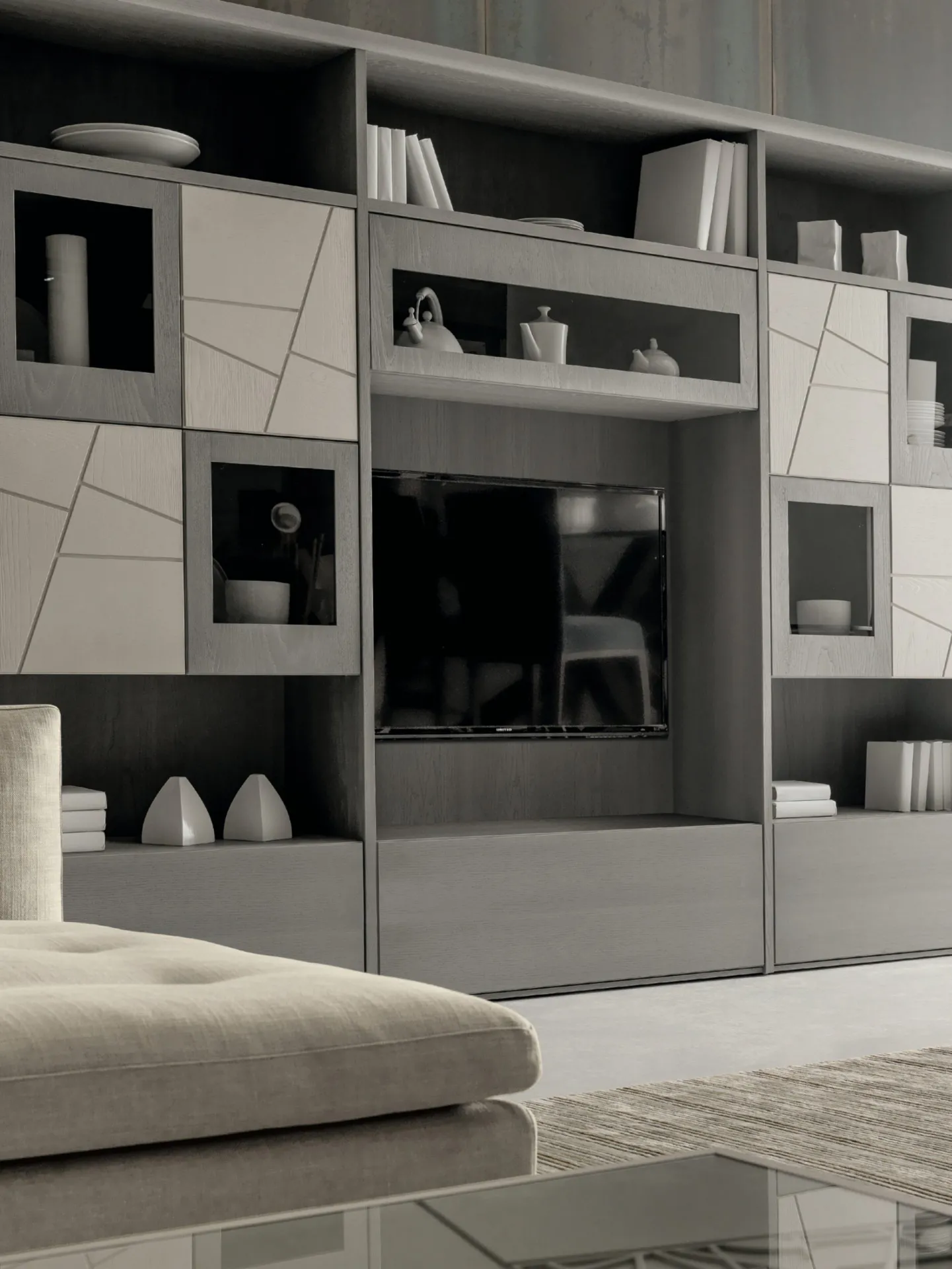 Composizione 219/A Decor Modo 10 a libreria grigia con ante chiare decorate