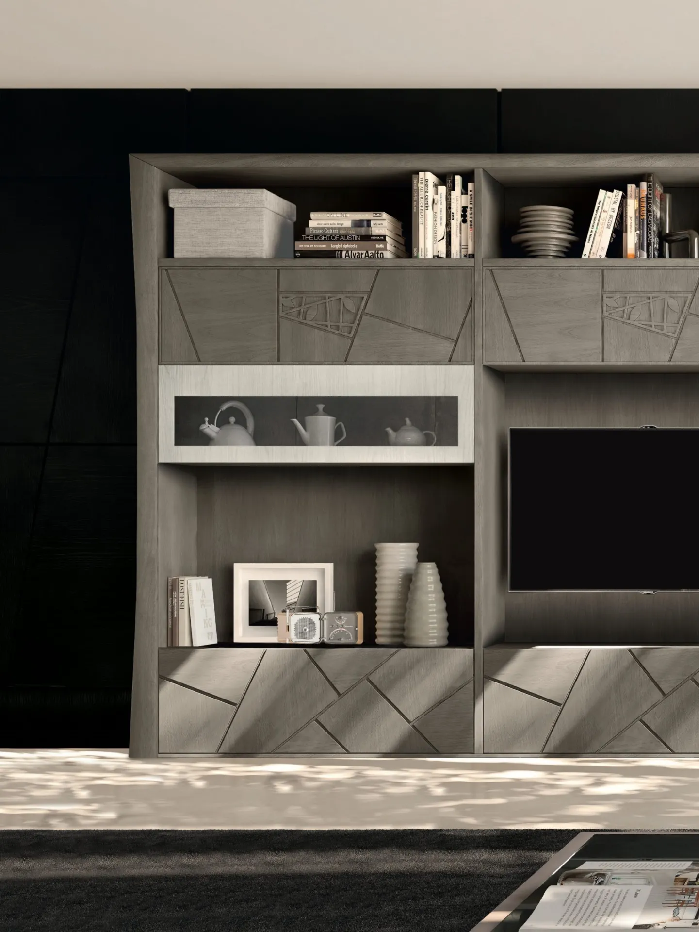 Composizione 226 Decor Modo 10 a libreria grigio scuro con basi incise