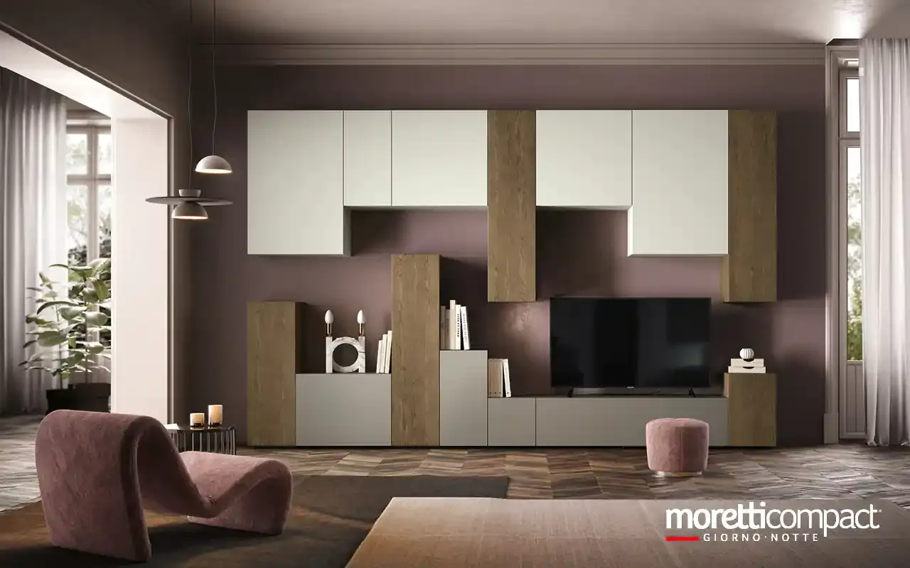Soggiorno Kosmos KC109 Moretti Compact con moduli chiusi in laccato chiaro e rovere attorno al televisore