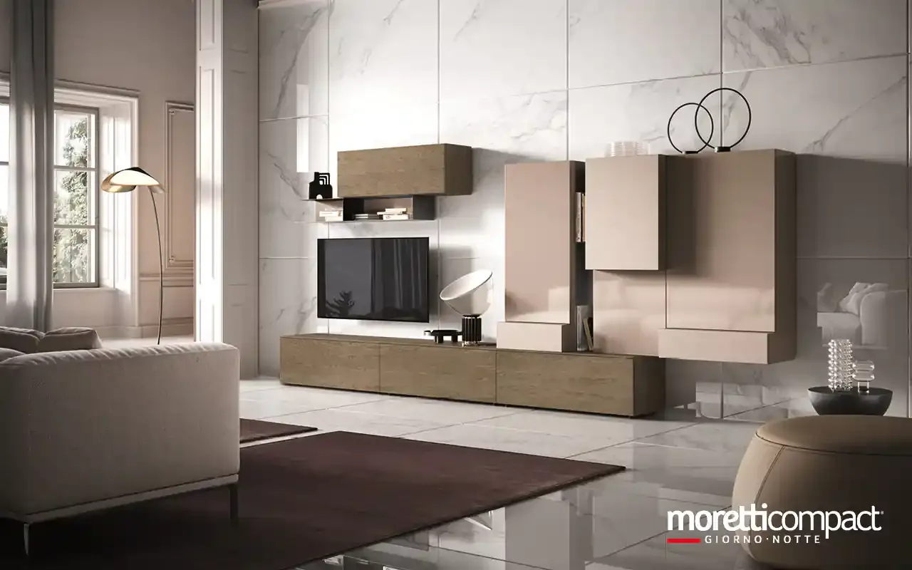 Soggiorno Kosmos KC119 Moretti Compact con pensili rosa sfalsati e base bassa in rovere sotto la TV