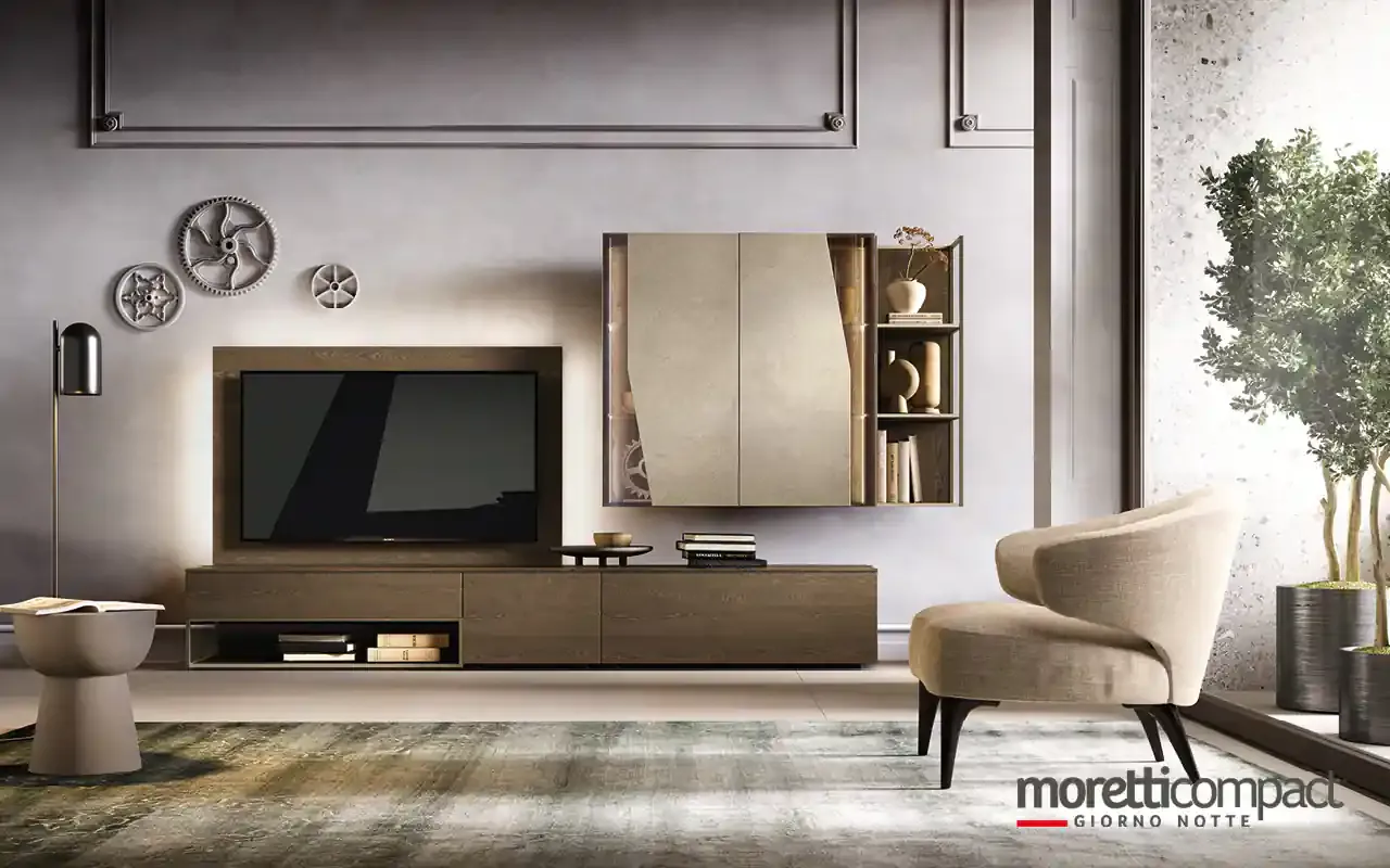 Soggiorno Kosmos KC125 Moretti Compact con base in rovere, mobiletto pensile argilla e libreria a giorno