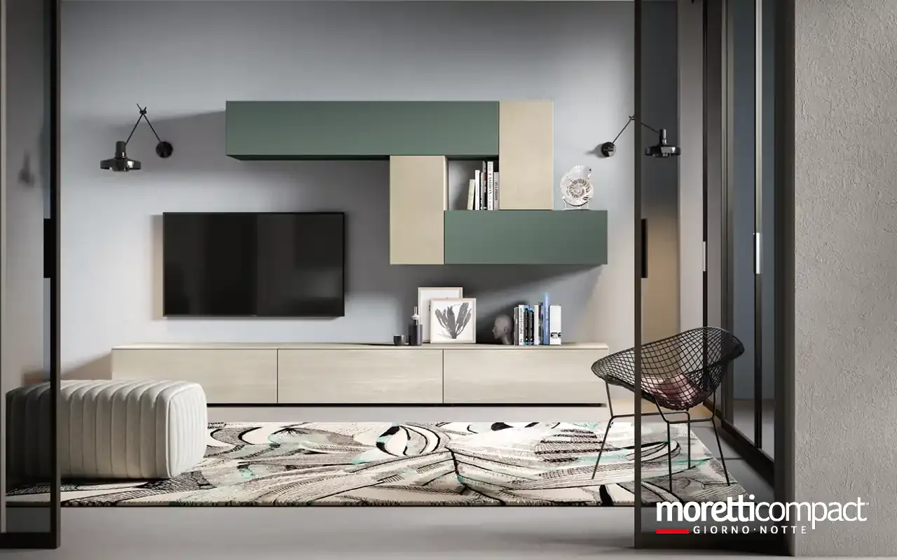 Soggiorno Kosmos KF113 Moretti Compact con base porta TV e pensili verdi e argilla