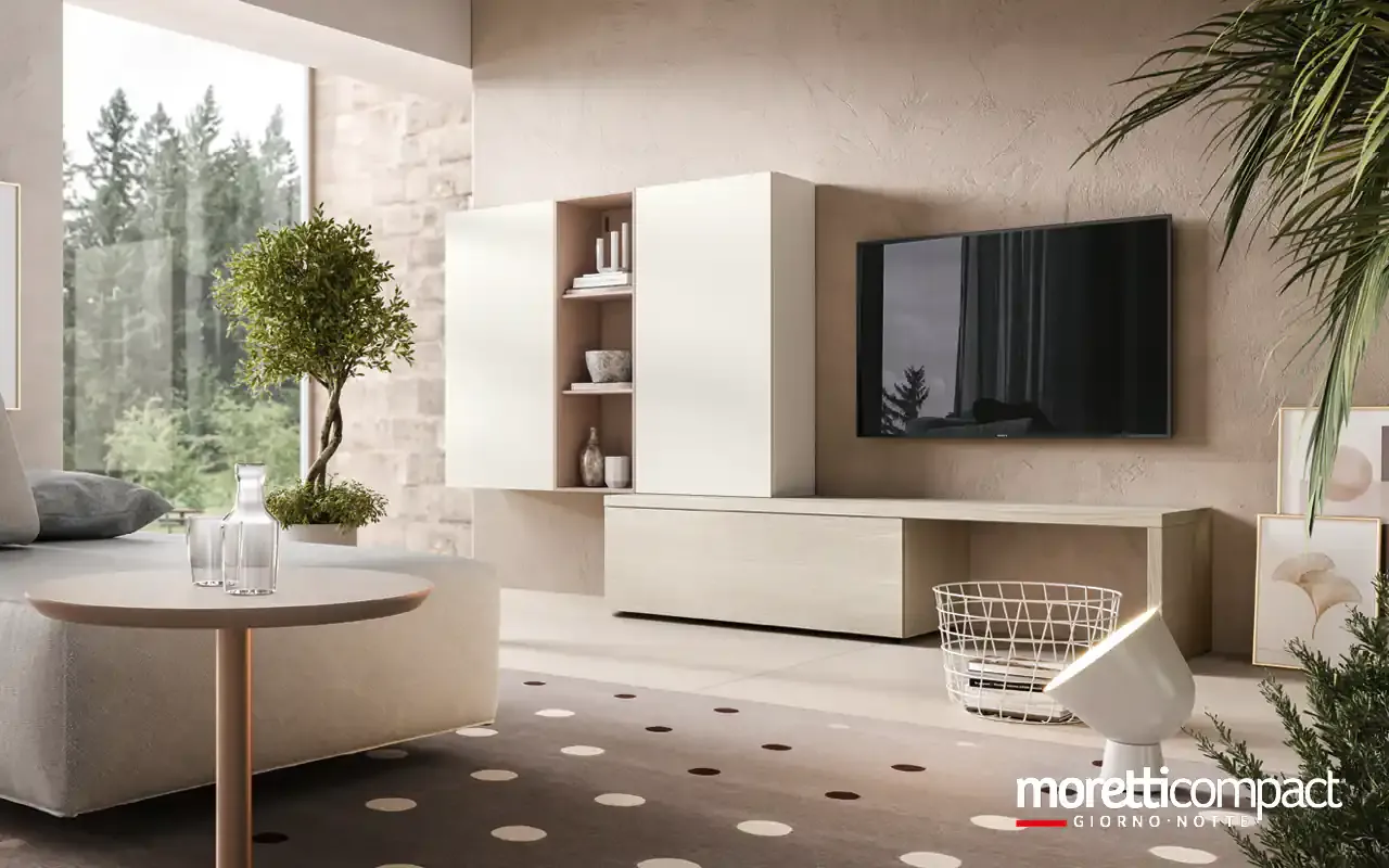 Soggiorno Kosmos KF119 Moretti Compact con colonna bianca, vani a giorno e base bassa chiara