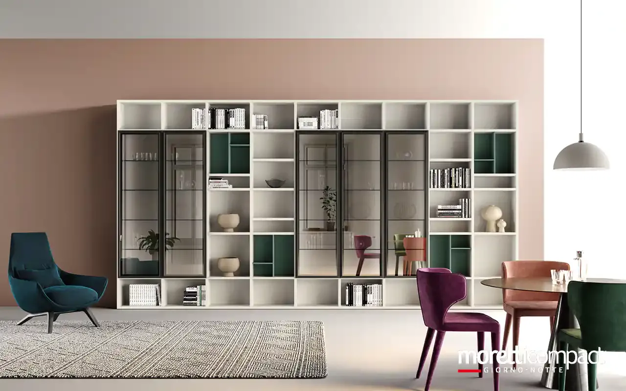 Libreria Kosmos KL208 Moretti Compact a tutta parete con ante in vetro e vani salvia
