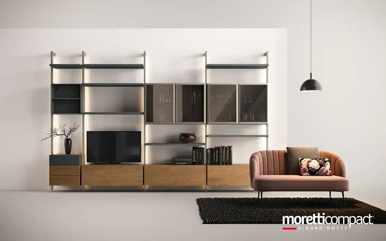 Libreria Kosmos KL218 Moretti Compact a montanti con vetrine, ripiani e basi in rovere attorno alla TV