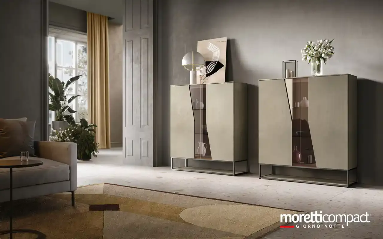 Due madie alte Kosmos KM313 Moretti Compact in argilla con ante Brezza e inserti in vetro