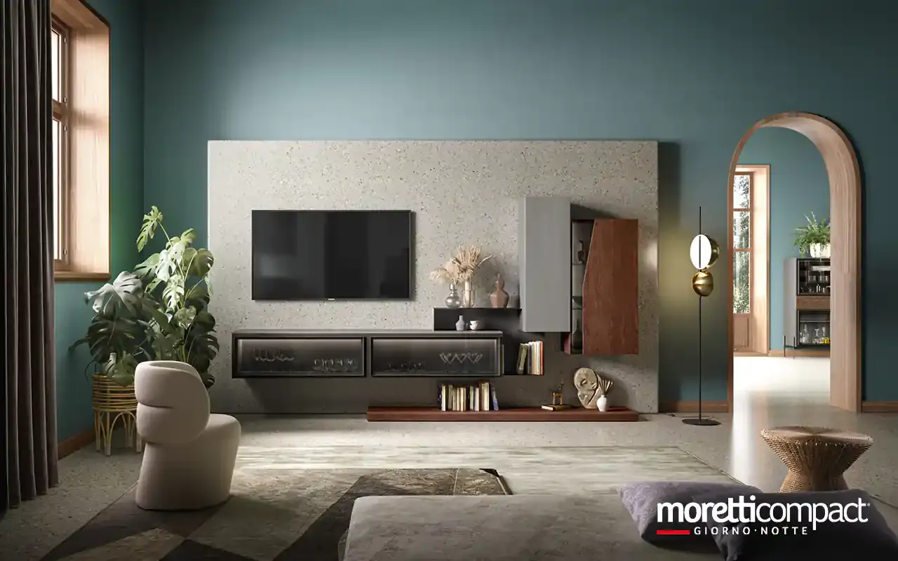 Soggiorno Kosmos KC101 Moretti Compact con pannello cemento, basi sospese scure e pensile in rovere amaranto