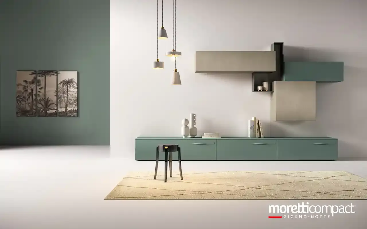 Soggiorno Kosmos KC102 Moretti Compact con base lunga salvia e pensili sfalsati in argilla
