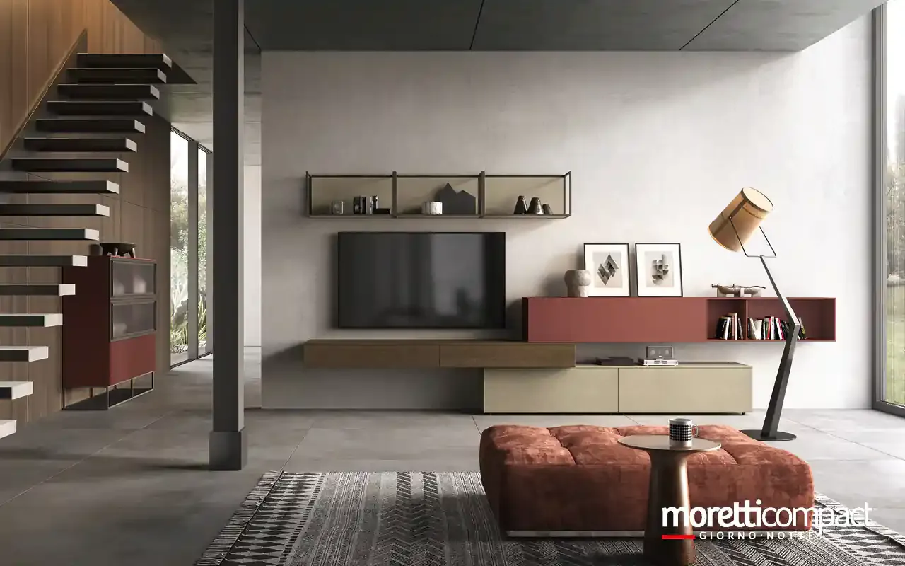 Soggiorno Kosmos KC105 Moretti Compact con pensile porpora sopra base in rovere e mensole a giorno