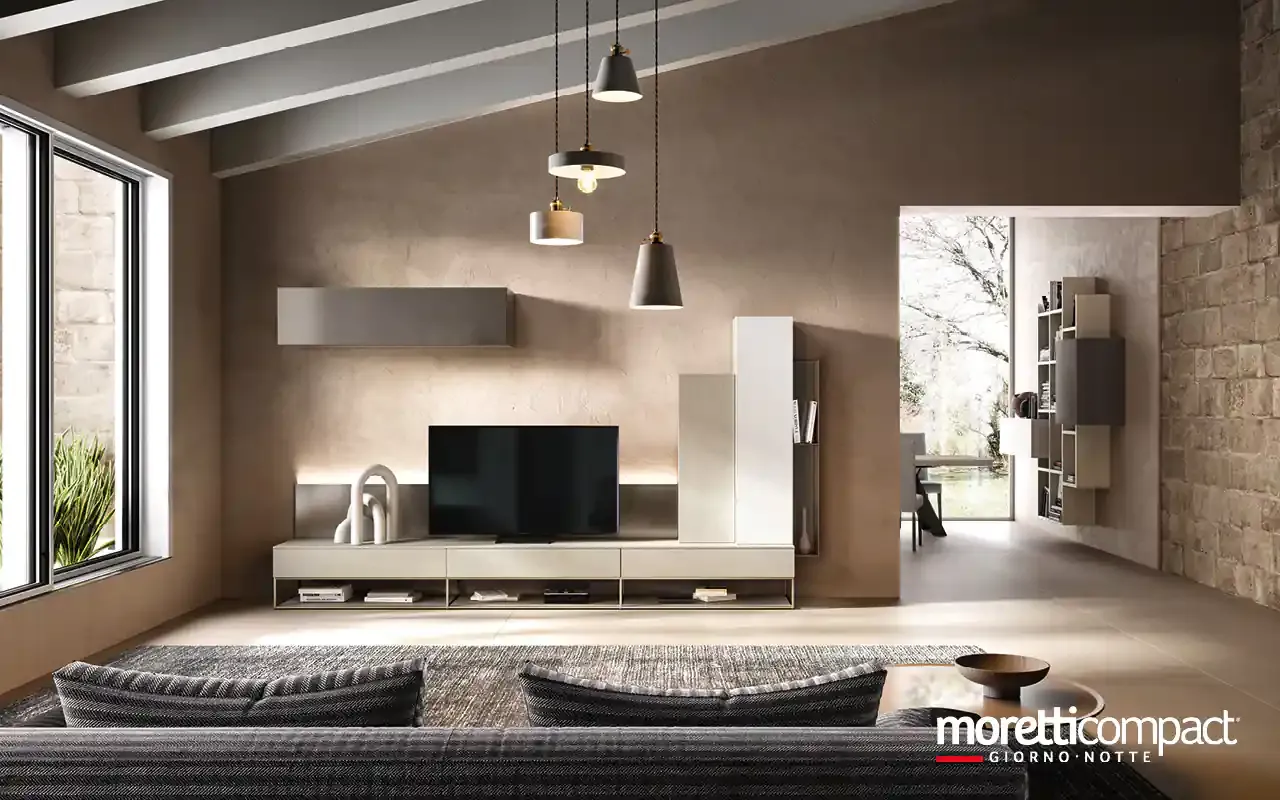 Soggiorno Kosmos KC107 Moretti Compact con base TV illuminata, pensile scuro e colonna bianca