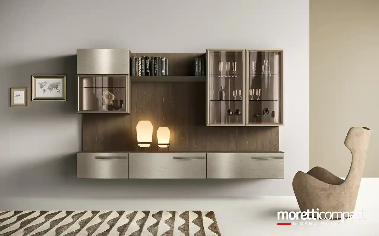 Boiserie Kosmos KC110 Moretti Compact in rovere con vetrine in vetro bronzo e base sospesa