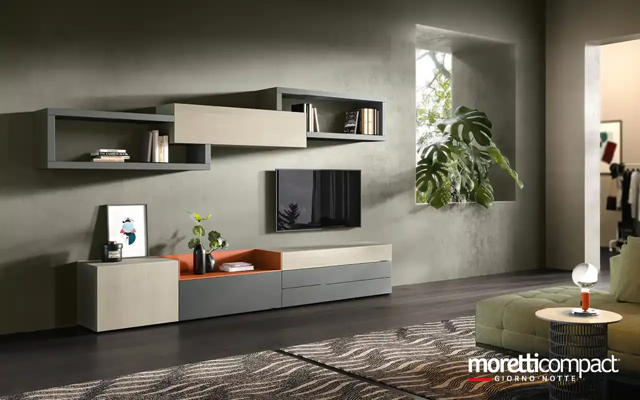 Soggiorno Kosmos KC111 Moretti Compact con base grigia, vassoio corallo e mensole sospese