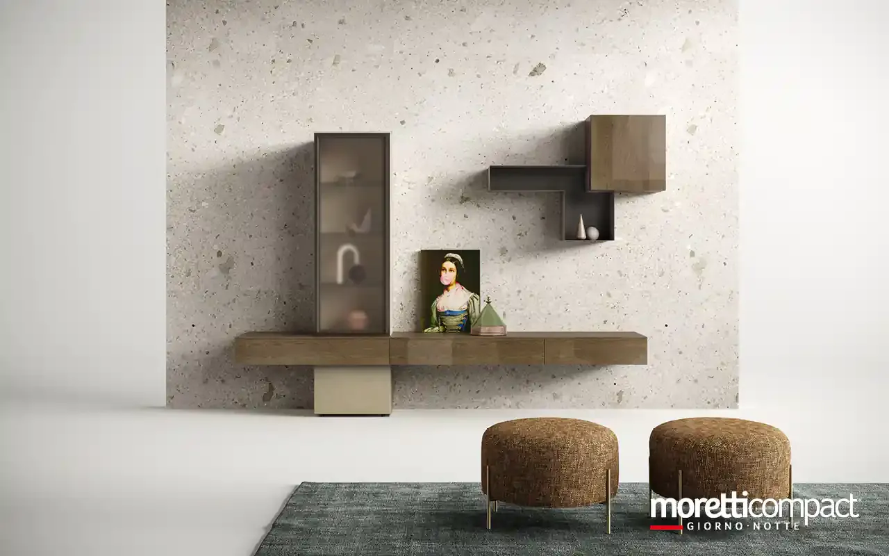 Soggiorno Kosmos KC112 Moretti Compact con vetrina alta in vetro, pensile in rovere e base sospesa