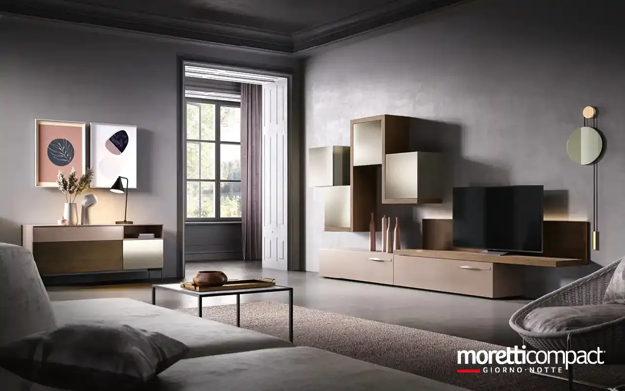 Soggiorno Kosmos KC113 Moretti Compact con pensili metallizzati sovrapposti e base rosa