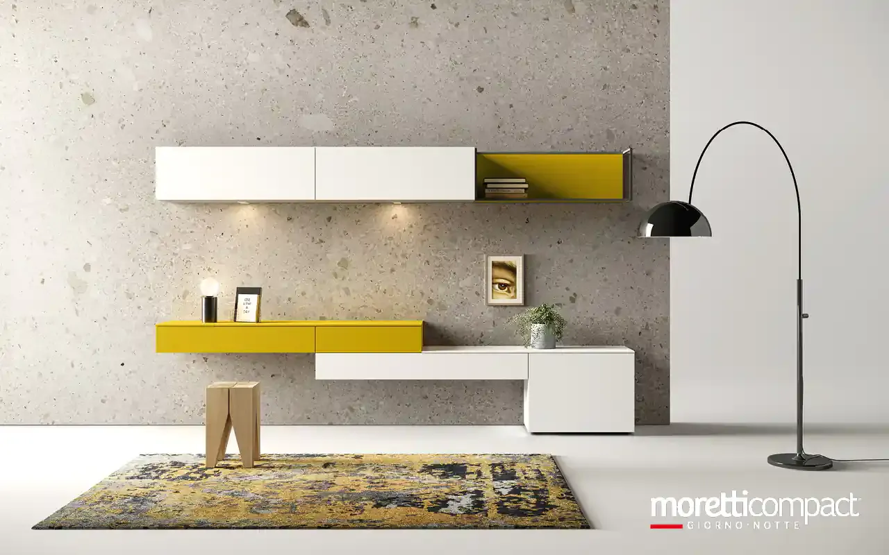 Soggiorno Kosmos KC114 Moretti Compact bianco con pensile e base sospesa giallo ocra