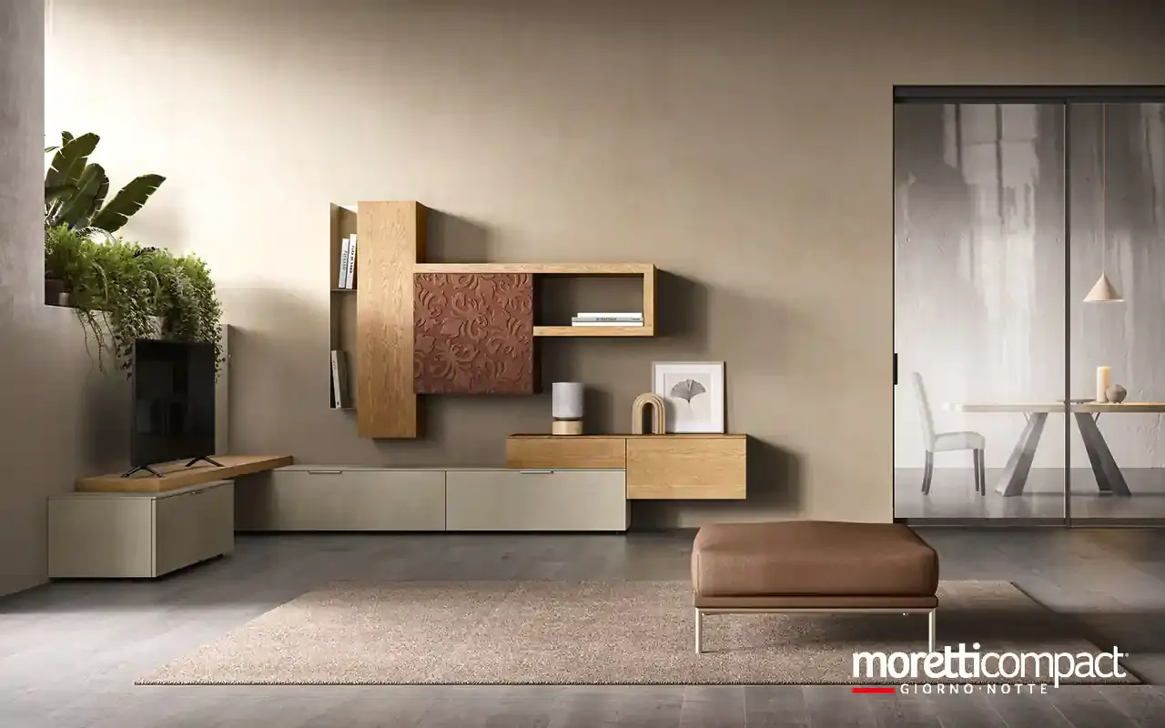 Soggiorno Kosmos KC115 Moretti Compact con anta in biomalta mattone e pensili in rovere biondo