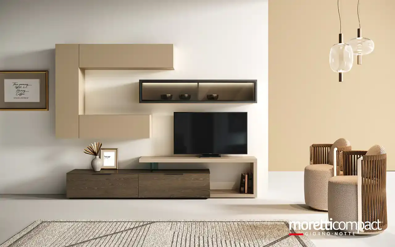 Soggiorno Kosmos KC116 Moretti Compact con pensili nocciola a cornice e vano illuminato sopra la TV