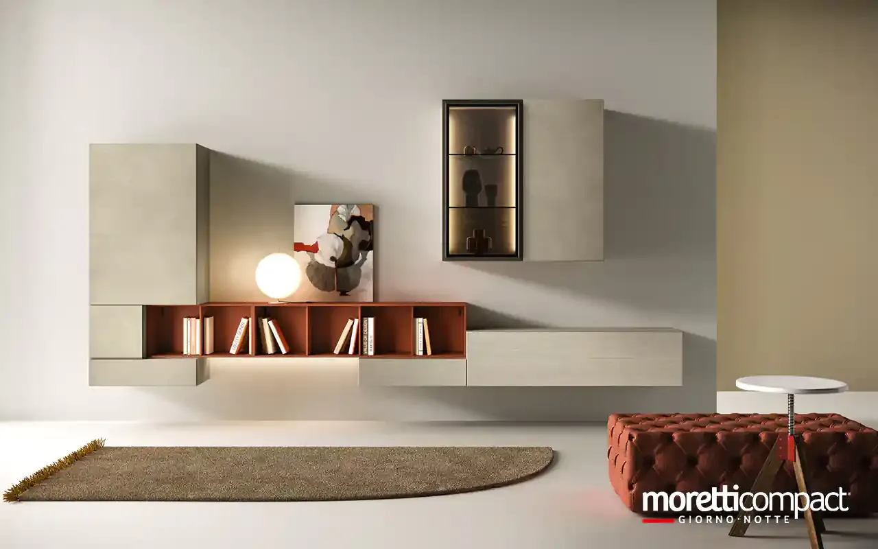 Soggiorno Kosmos KC118 Moretti Compact con libreria bassa corallo e vetrina illuminata
