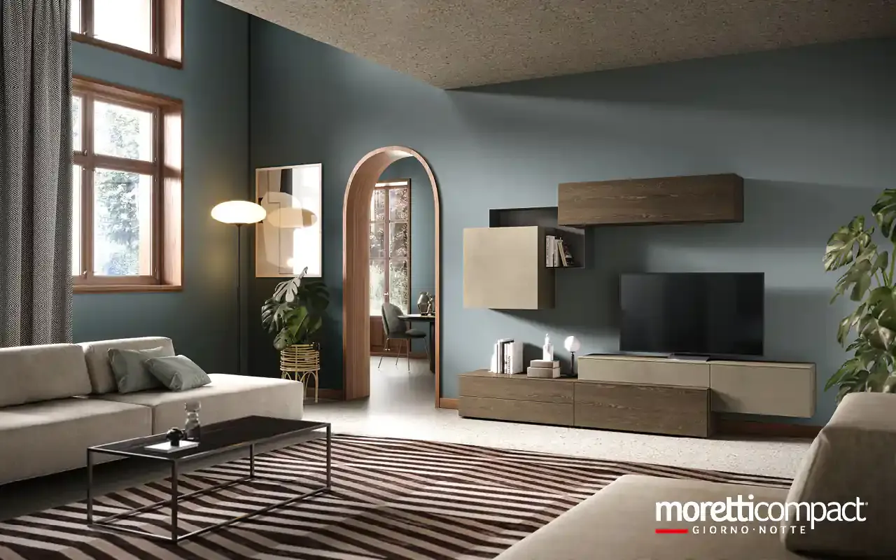 Soggiorno Kosmos KC121 Moretti Compact con base in rovere, pensili argilla e mensola in legno