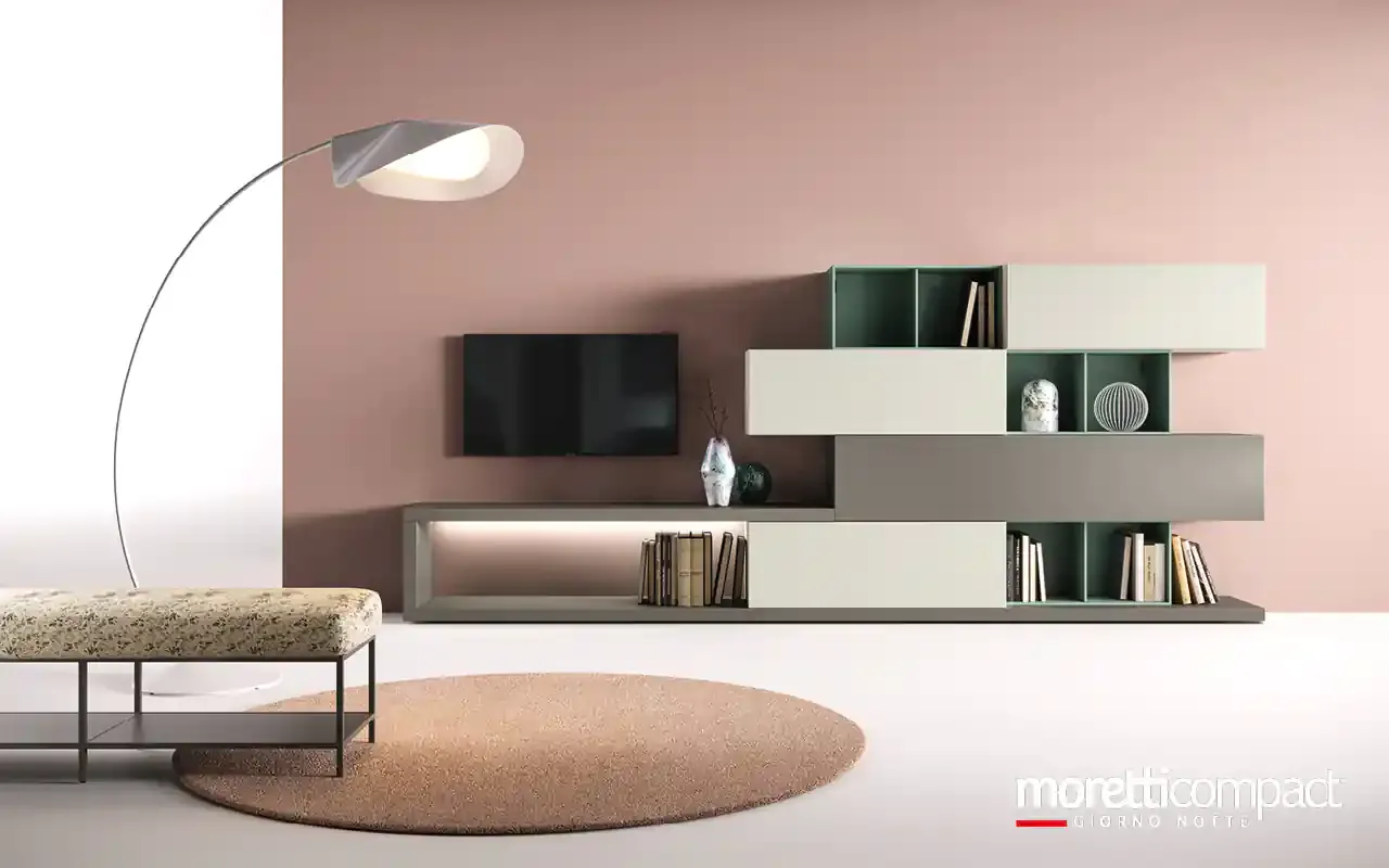 Soggiorno Kosmos KC122 Moretti Compact con moduli bianchi e grigi a gradini e vani a giorno salvia
