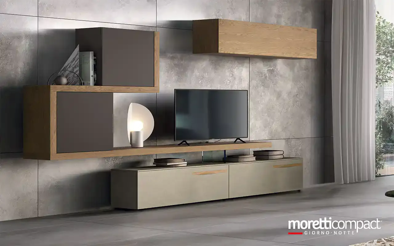 Soggiorno Kosmos KC123 Moretti Compact con cornice in rovere, pensile cacao e base argilla