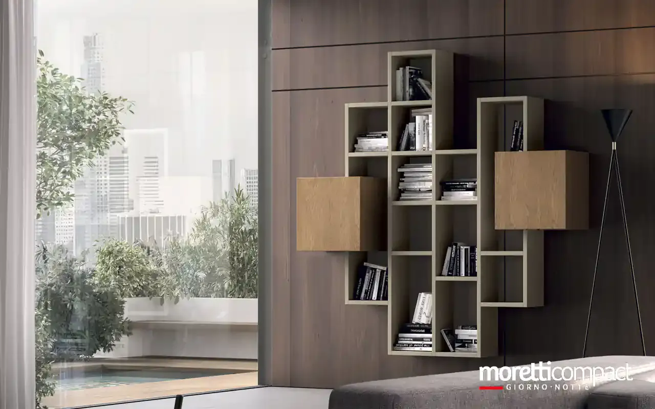 Libreria pensile Kosmos KC123B Moretti Compact con vani argilla e cubi in rovere su parete in legno