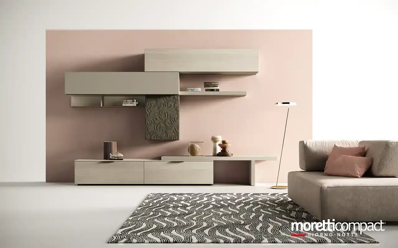 Soggiorno Kosmos KC124 Moretti Compact con pensili tortora, anta in biomalta e base bassa