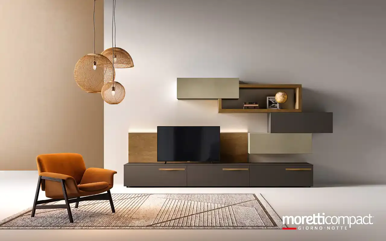 Soggiorno Kosmos KC126 Moretti Compact con base cacao, vano in rovere illuminato e pensili argilla
