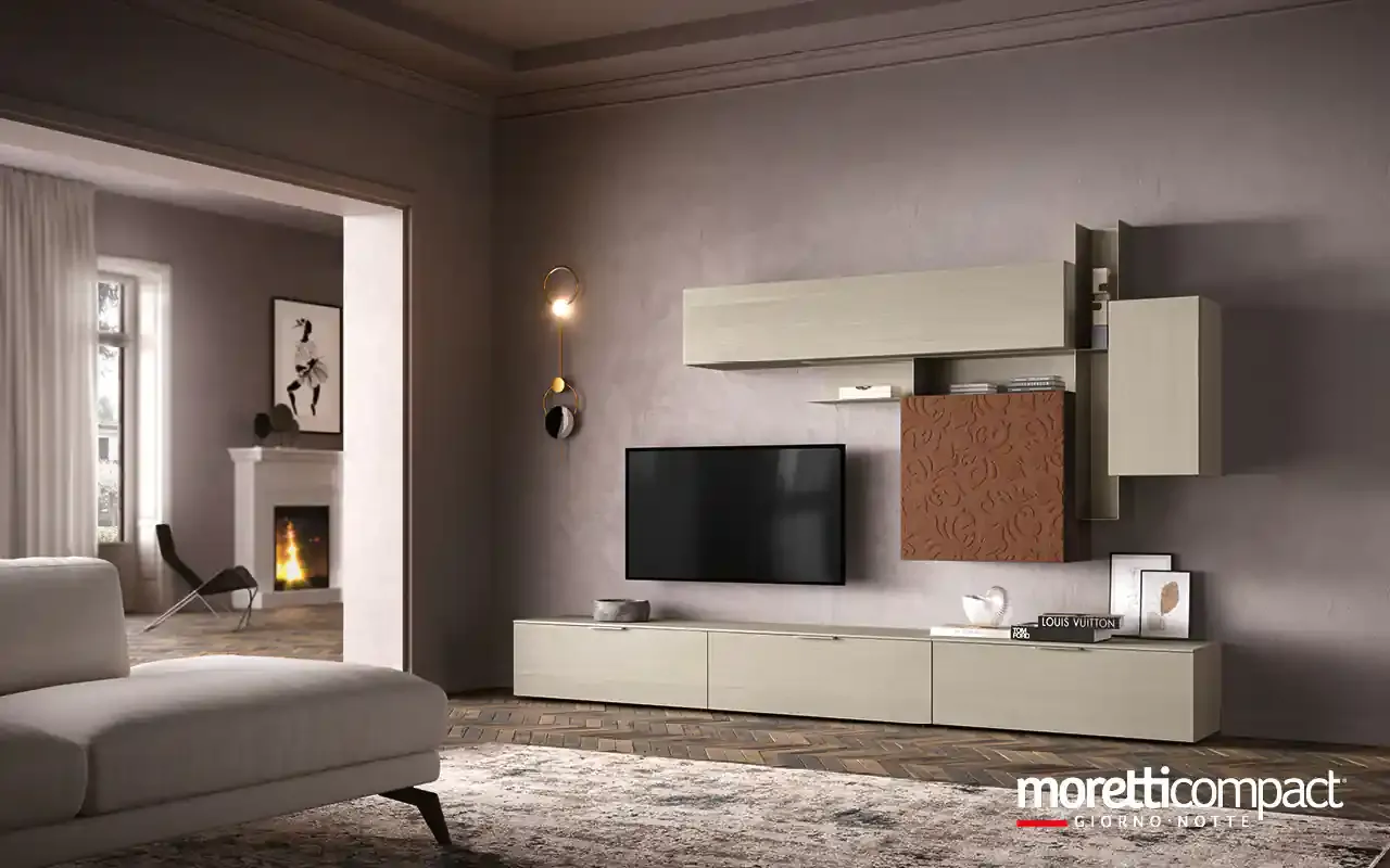 Soggiorno Kosmos KC127 Moretti Compact con pensile in biomalta mattone e base bassa chiara