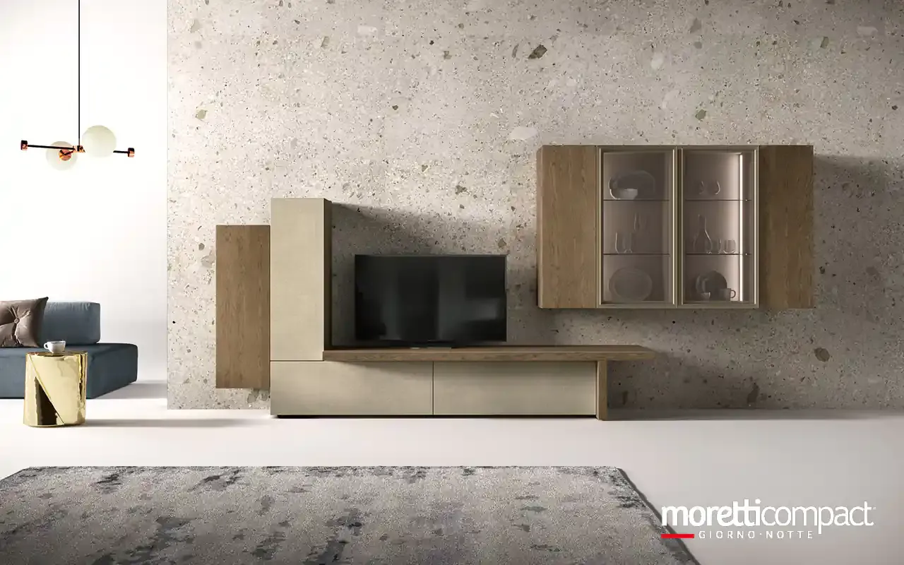 Soggiorno Kosmos KC128 Moretti Compact con vetrina pensile in rovere e vetro, colonna e base argilla