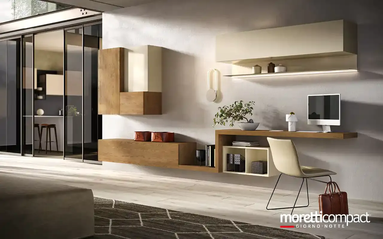 Soggiorno Kosmos KC129 Moretti Compact con scrivania in rovere integrata e pensili crema