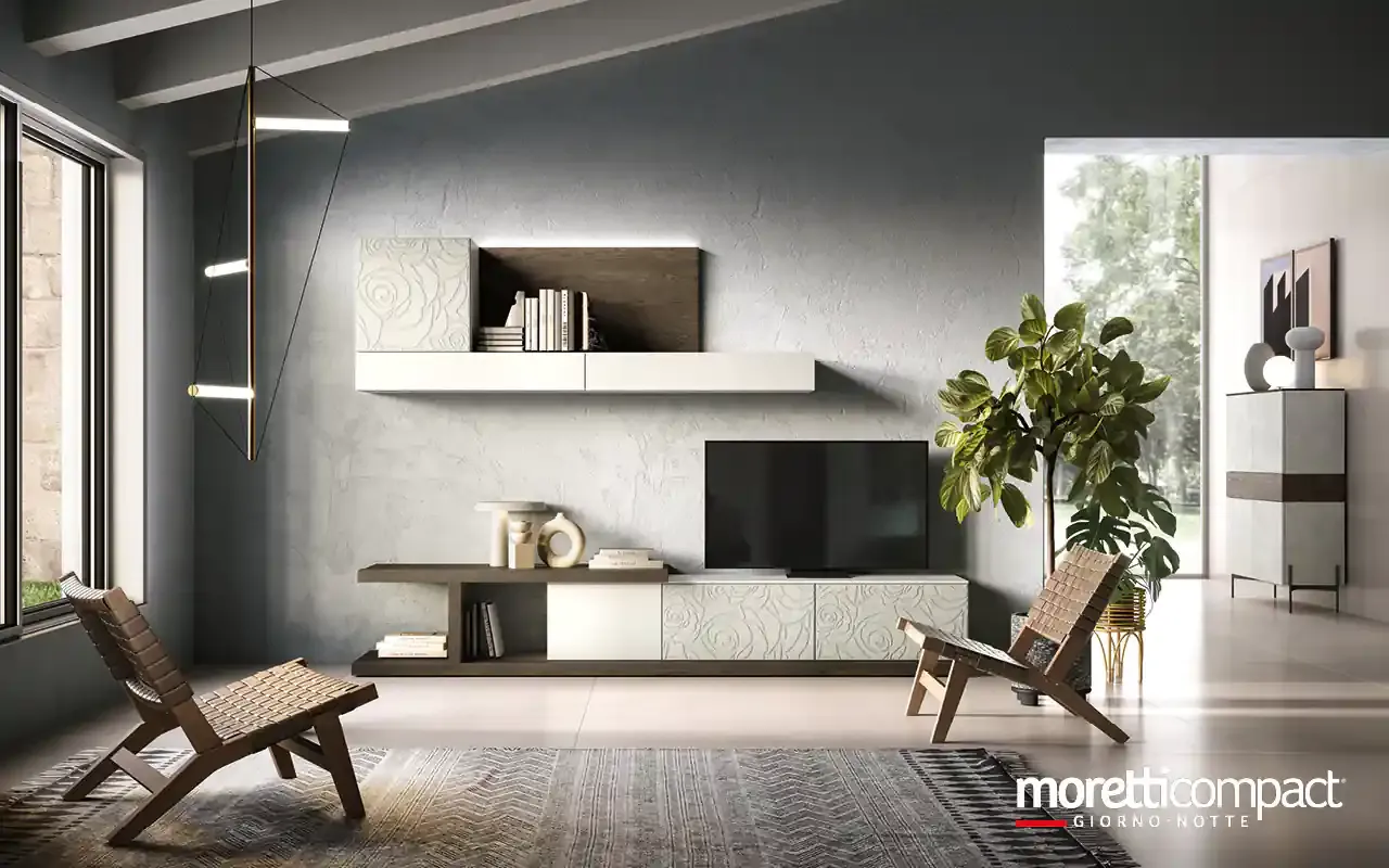 Soggiorno Kosmos KC131 Moretti Compact bianco con pensile in biomalta e mensola in rovere